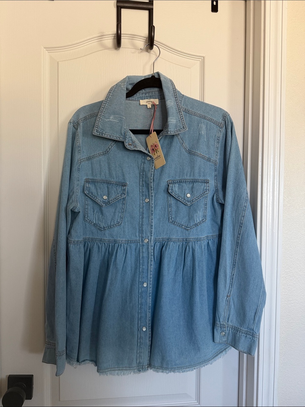 entro Light Wash Denim Peplum Button-Down Shirt